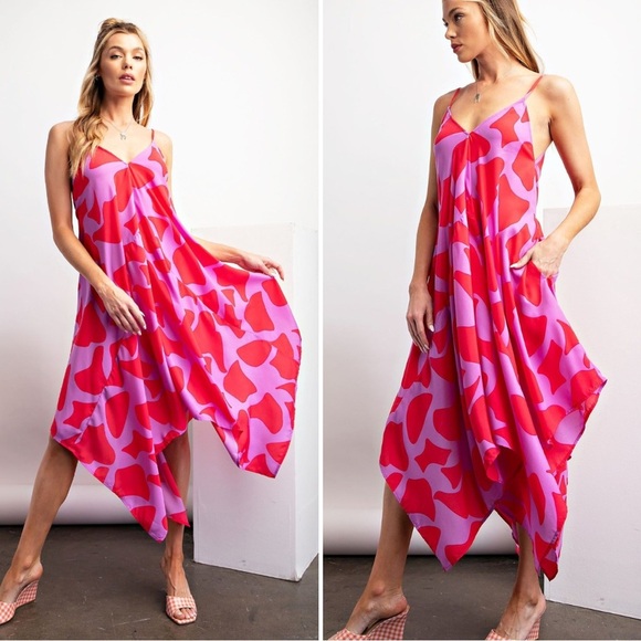 Easel Geo Print Sharkbite Woven Dress Sz S Asymmetrical Tie Waist Midi Dress - Picture 1 of 11